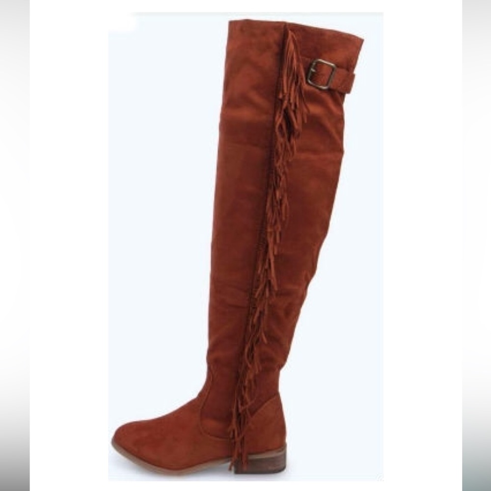 Boohoo Rebecca over knee fringe trim boots